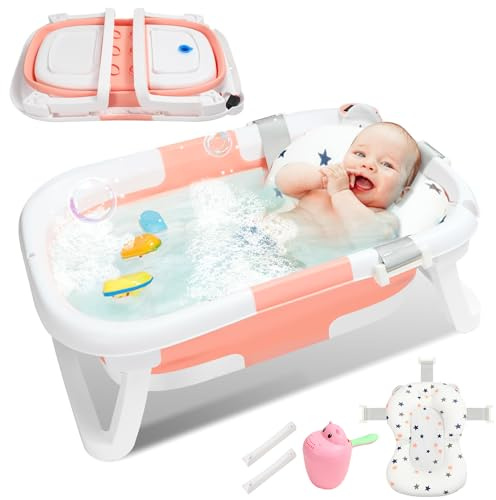 Daromigo Vikbart babybadkar, babybadkar med termometer, kudde, sköljhuvud, baby, halkfritt nyfött barn, badtunna från 0–36 månader, ergonomisk och ostörd, rosa