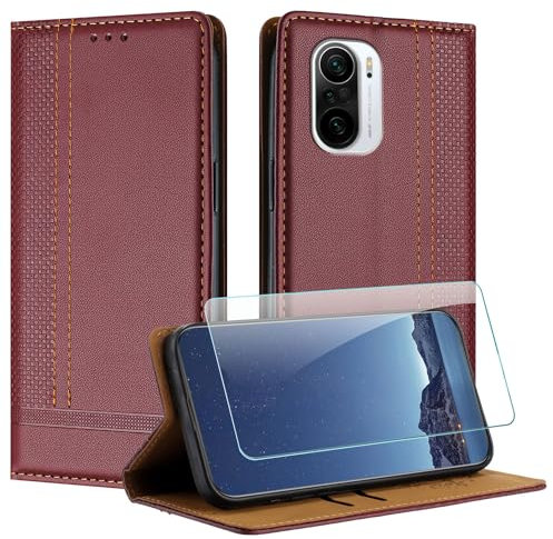 JayModCase Funda para Xiaomi Redmi K40/K40 Pro con Protector Pantalla, Flip Leather Ranura Tarjeta Magnético Wallet Carcasa con Cierre magnético Soporte Plegable para Xiaomi Poco F3 - Borgoña