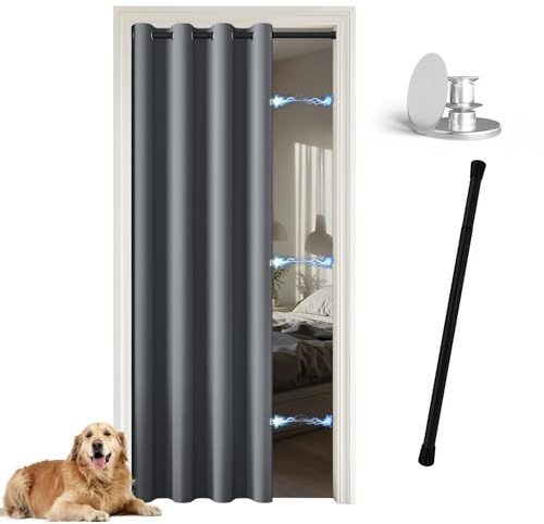 JCyh Mörkläggningsgardiner 200 cm långa med stång för dörröppningar och garderober, värmeisolerande tillfälliga rumsavdelare, 1 panel grå gardin + svart stång