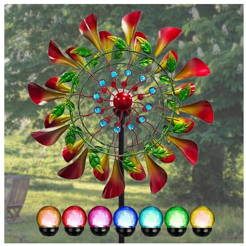 Solaire Moulin A Vent Jardin Exterieur 210cm Moulin A Vent avec Boule en Verre à énergie Solaire avec éolienne cinétique Double Sens Moulin à Vent Metal pour terrasse,pelouse et Jardin
