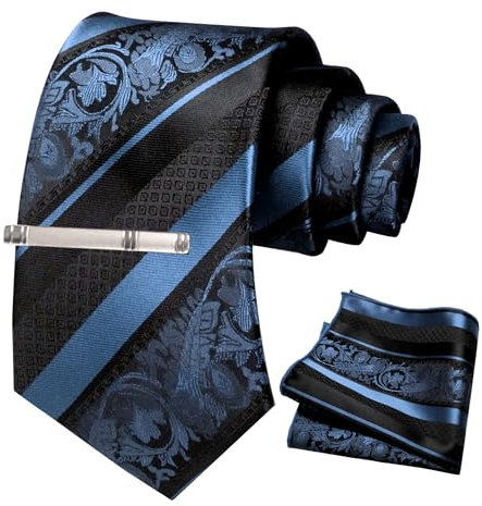 JEMYGINS Herren Krawatten Set mit gemischtem Rosen und Streifenmuster inklusive Krawattenklammer und Taschentuch Graublau