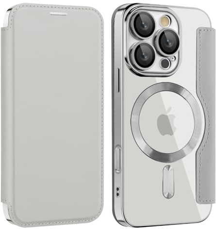 Unichthy Magnetic Flip Case for iPhone 16 Pro Max Clear Cover |RFID Blocking| Wallet Purse Shockproof Leather Stand Cover Individual Protection for Each Lens Phone Skin for iPhone 16 Pro Max Grey