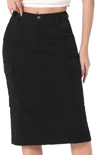 Allegra K Jupe Cargo Femme Midi en Velours Côtelé à Taille Haute avec Poches Jupe Moulante Élastique avec Fente à l'Arrière Noir L