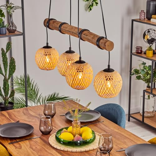 HOFSTEIN Pendelleuchte Basto, 4-flammige Hängelampe aus Metall/Holz/Bambus in Schwarz/Natur, Boho Hängeleuchte mit Bambusschirmen u. Holzbalken, Höhe max. 150cm, E27, Esszimmer, Wohnzimmer, Küche