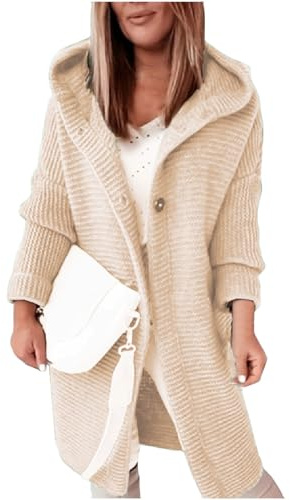 Strickjacke Damen Lang Mit Kapuze Pullover & Strickjacken Für Damen Winter Warme Strickmantel Damen Dicke Strickjacke Grobstrick Winterjacke Strick Cardigan Frauen Elegant Sweater Mit Knöpfen