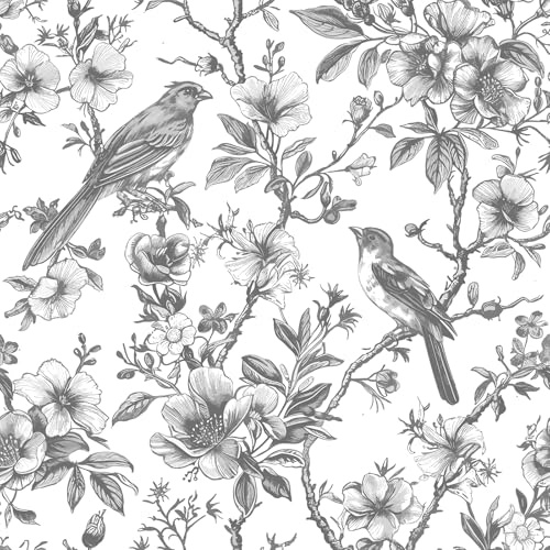 CHDITB Vintage Blumen Tapeten,Kolibrivögel Blumen Möbelfolie Selbstklebend, Blumentapete(44x300cm) Pflanzen Blüten Wandaufkleber,Grau Vinyl Wandsticker für Schlafzimmer Wohnzimmer Wanddeko