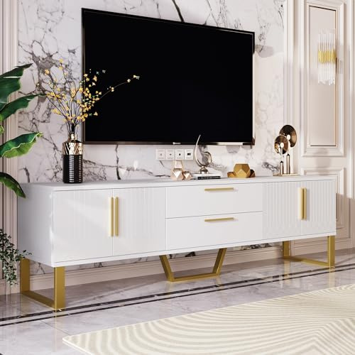 Hochglänzender TV-Schrank: Boden, goldene Griffe und Füße, Tür mit gravierter Textur, Aufbewahrungslösung für das Wohnzimmer, Luxus und Funktionalität, perfekte Kombination aus Eleganz (Weiß+Gold)
