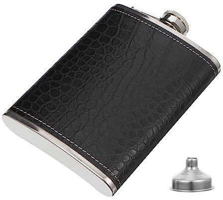 LALADEFIEE Petaca Para Licor Portátil De Acero Inoxidable Embudo y Funda De Cuero Negro, Diseño Vintage Para Actividades Al Aire Libre Como Camping y Senderismo, Juego Tapón Hermético y Estuche