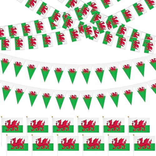 HOWAF Welsh Flag Bunting Decorations, Welsh Bunting banner, Wales Flag Pennant Banner, Welsh Dragon Welsh Flags on Sticks Hand Flag for St David's Day decorations Patriotic Events Sports Competition