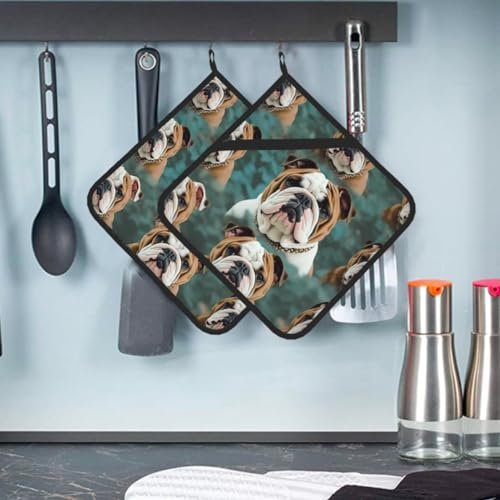 Topflappen für die Küche, hitzebeständiges Topflappen-Set mit Taschen, wasserdicht, Topflappen, Ofenhandschuhe, lustige englische Bulldogge, zum Backen, 20,3 x 20,3 cm, 2 Stück