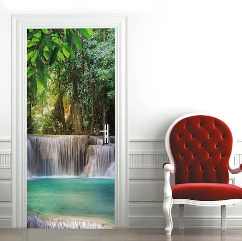 3d Türtapete Selbstklebend Wald & Wasserfall Türposter Fototapete, Schlafzimmer Wohnzimmertür Aufzug Tür Aufkleber B100 x H200cm