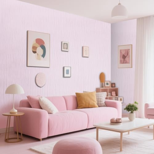 Tarwanear 3 Rolls Blush Wallpaper Pink Plain Thick Textured Wallpapers Modern Minimalist Striped Featured Wall Paper Embossed Striped DIY Wall Paper Roll for Living Room Bedroom Hallway