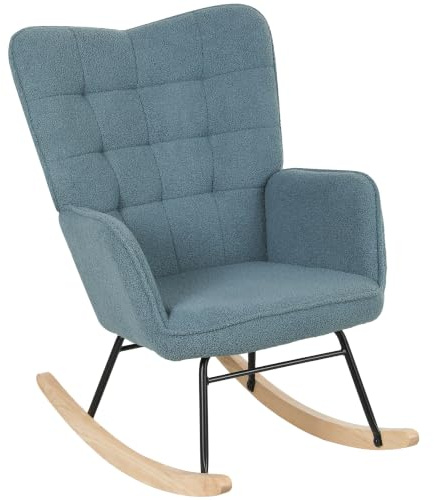 HOMCOM Schaukelstuhl mit Lammfellimitat Armlehne bis 120kg Hellblau | Schaukelsessel, Gepolsterter Sessel mit Hoher Rückenlehne, Holzkufen, Moderner Relaxsessel, Wohnzimmer, Schlafzimmer
