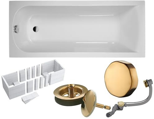 VBChome Badewanne 160x70 cm Weiß Acryl SET – Rechteckwanne mit Styroporträger Gold Siphon und Ablaufgarnitur in Gold Modernes Design Einfache Montage