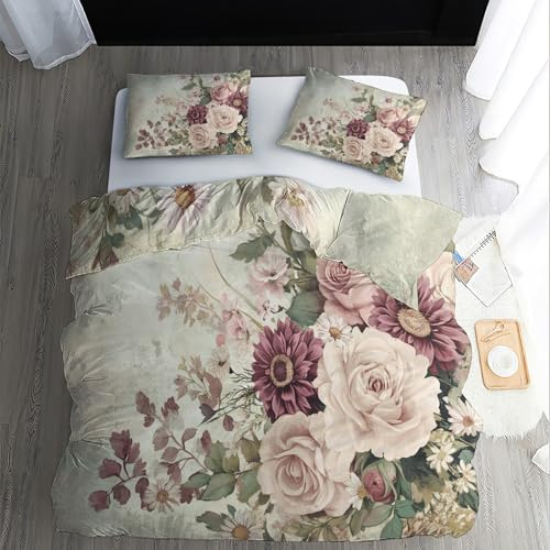Floral Bedding Single Duvet Cover Set French Country Flower, 2 Piece for Bedroom Deocr, Soft Microfiber Reversible Bed Quilt Covers, 1 Pillow Case, Zip Fastening