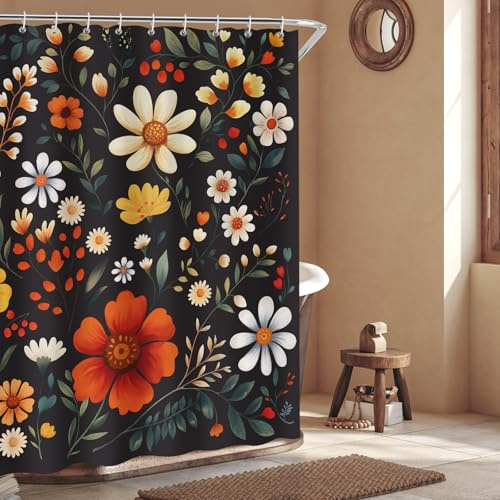 Dazzlewall Schwarze Blumen Duschvorhang Boho Vintage 180x180cm, Bunte Blumen Badezimmer Vorhang Wasserdicht Anti-Schimmel Polyester mit 12 Haken