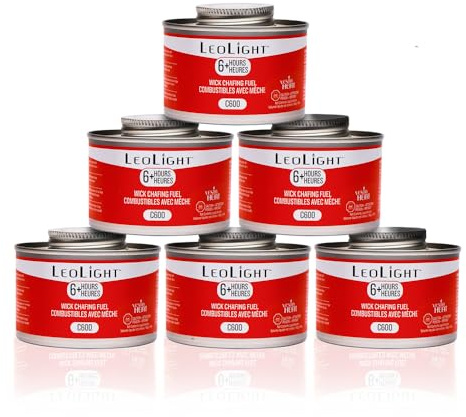 LeoLight Chafing Fuel, Diethylene Glycol, 6 Hour Burn – Spill-Proof Wick, Odorless & Smokeless Food Warmer Fuel, Ideal for Catering, Buffets, Events & Weddings, 7.8oz Cans (6 Pack)