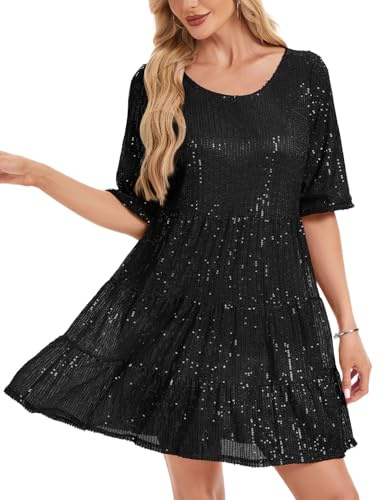 Kyzoeyou Abito con paillettes glitterate completo scintillante abiti midi da donna UK casual partito manica corta fluida tunica a strati notte fuori usura, B-nero, XXL