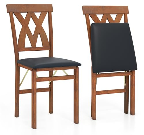 COSTWAY Folding Chair Set of 2, Rubber Wood Counter Dining Chairs with PVC Leather Seat & Backrest, Upholstered Kitchen Office Conference Seats, 150kg Weight Capacity (Black+Walnut)