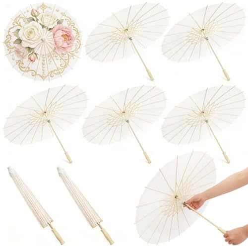 Noamus 8 Pcs 23.6 Inch White Paper Umbrella, Chinese Oiled Paper Parasol Umbrellas, Japanese Decorative DIY Painting Parasol Bulk for Women Wedding Bridal Party Decor Photo Props Craft