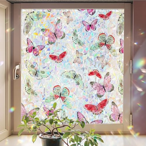 Stained Glass Window Film Privacy for Glass Windows, Window Film Privacy Vinyl Frosted No-Glue Static Cling for Home Kitchen Office Bathroom, Laser Butterfly 44X200CM