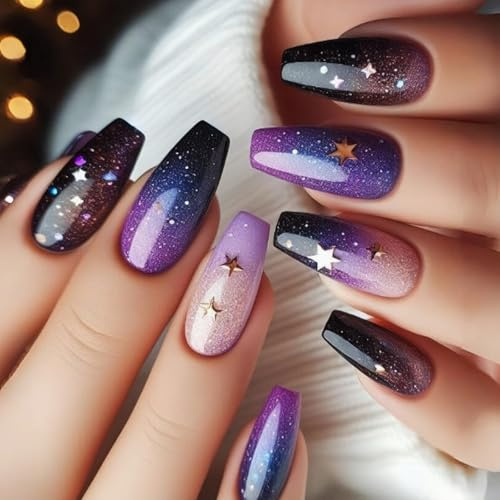 Purple Gradient Press on Nails 24Pcs - Gold Stars & Ballet Shaped Glossy Acrylic French Design, Full Cover Artificial Nails, Glossy Acrylic Glue on False Nails for Women