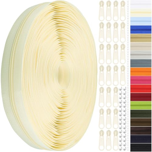 Endlos Reissverschluss mit Zipper, 3mm 11m Nylon Endlosreißverschluss Meterware und 25 Zipper aus Metall für Kleidung Tasche Mäppchen Bettwäsche (Cremefarben, #3)
