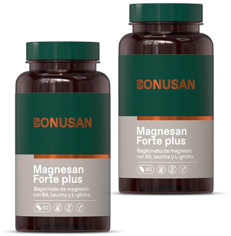 Bonusan Magnesan Forte Plus - Pack Ahorro 2 x 60 Tabletas - Magnesio con Taurina y L-Glicina - Suplemento para Función Psicológica y Muscular Normal