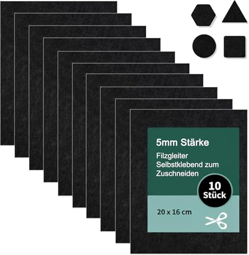 BORISCA 10 Stück Filzgleiter Selbstklebend zum Zuschneiden Schwarz, 16×20×0.5cm Filzgleiter für Stühle, Möbelgleiter Filz zum Bodenschutz und Geräuschdämpfend, Filzunterlagen für Möbel Selbstklebend