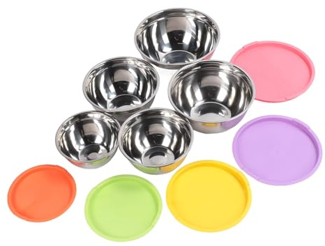 Pwshymi Juego de Tazones para Mezclar de Acero Inoxidable, Diseño de Tapa Segura para Almacenamiento de Alimentos, Tazones Anidados para Hornear, Preparación de Cocina, Ensaladeras, 5 Piezas para