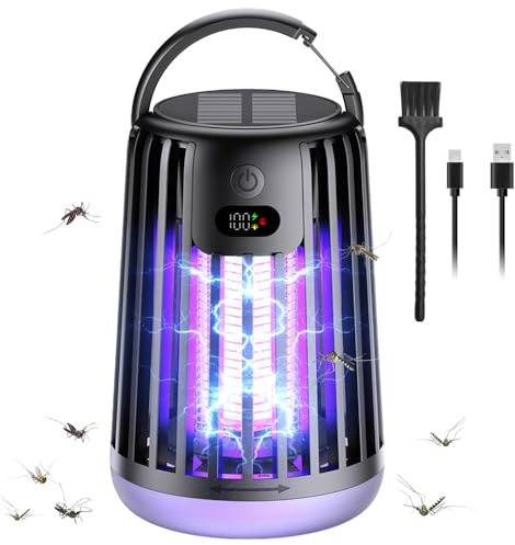 Solar Insektenvernichter Elektrisch, 2000V Mückenlampe Camping mit UV-Licht, USB Wiederaufladbar Mückenfalle,Mückenschutz Elektrische Insektenfalle für Garten Camping Aussen, Schwar