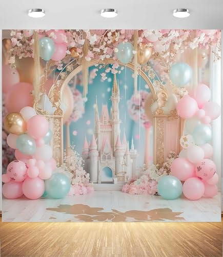 Toile de fond château rose pour photographie – Toile de fond pour arche de ballons princesse avec motif floral fantastique, toile de fond pour fête de princesse pour anniversaire, fête prénatale et