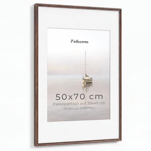 Feihorrm Bilderrahmen 50x70, Walnuss Rahmen Mit Gehärtetem Glas | Bilderrahmen Holz Für 50x70 cm Fotos ohne Passepartout oder 39x49 cm Fotos mit Passepartout, für Horizontal & Vertikal