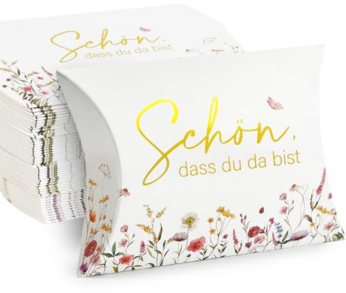 COMOOKA 50 Stück Geschenkboxen Hochzeit Gastgeschenk mit Blumen Motiv | Schön dass du da bist Kissenschachteln 9x6.5x2cm, Florale Gastgeschenke Verpackung für Geburtstag, Hochzeit, Babyparty