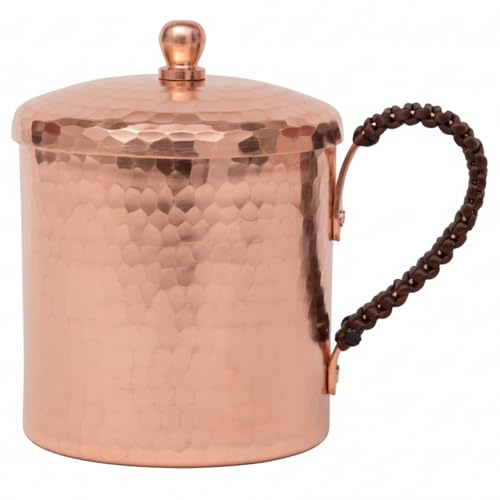 Lawnrden Copper Cup, Copper Mug, 350ml/12oz Cup with Lid & Handle for Water, Unique Textured Tumbler and Thick-Walled Drinking