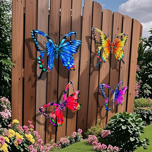yeeplo 4 Stück 3D Metall Gartenornamente für Außenbereich Schmetterling Deko Garten & Blumen Wanddeko aus Metall, Balkon Deko Gartendeko für Draußen, Schuppen, Zaun, Hof und Wandaufhängung (A)