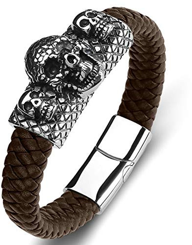 Daesar Partnerarmband Leder mit Magnet Armband Geflochten 16.5CM, Totenkopf Lederarmbänder für Männer Braun