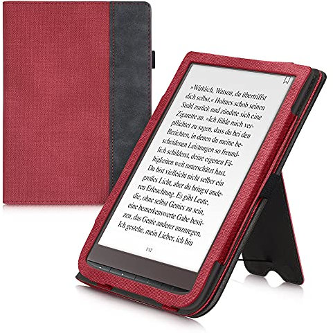 kwmobile Hülle kompatibel mit Pocketbook InkPad 3/3 Pro/Color/Vivlio InkPad 3 Hülle - Flip Case mit Handschlaufe - Kunstleder Cover - Rot Dunkelgrau