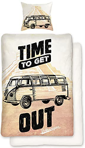 VW Volkswagen Bulli Bettwäsche Time Out 135 cm x 200 cm + 80 cm x 80 cm 100% Baumwolle Renforcé-Linon-Qualität VW-Bus Oldtimer Retro Typ 2 T1 T2 Camper Van mit Reißverschluss Deutsche Größe 069