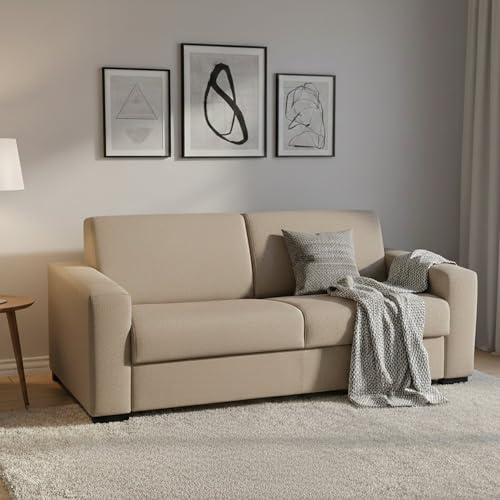 Talamo Italia - 2-Sitzer Schlafsofa Aleida, Wohnzimmersofa mit drehbarer Öffnung, gepolsterter Stoff, Standardarmlehnen, 100 % Made in Italy, cm 180x95h90, Beige