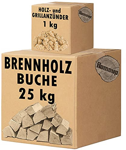 Set Anzündwolle und Brennholz Kaminholz Holz 25 kg Buche 1 kg Anzündwolle Ofen Kamin Kaminofen Feuerschale Grill Feuerholz Outdoor Feuer Wachs Flameup