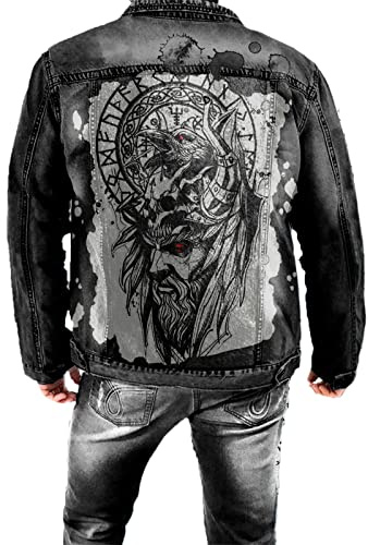 Chaqueta de Mezclilla Punk para Hombre Chaqueta de Mezclilla con Estampado Retro Vikingo Chaqueta Delgada de Manga Larga con Solapa de Calle