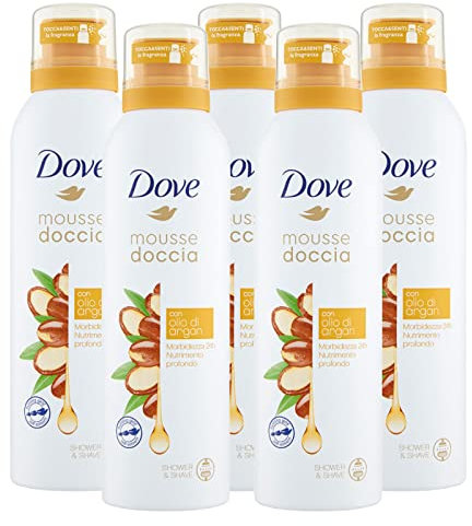 5x Dove Mousse Doccia Con Olio di Argan Morbidezza e Nutrimento 24h - 5 Flaconi da 200 ml