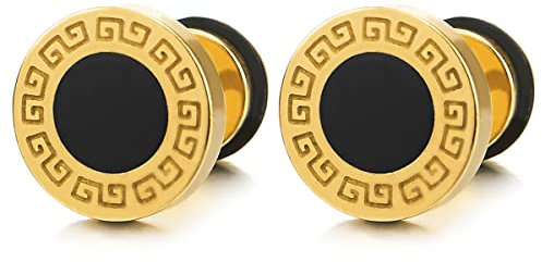 8MM Gold Kreis Ohrstecker für Herren mit Griechischen Schlüsselmuster und Schwarz Emaille. Ohrringe. Herren Ohrschmuck