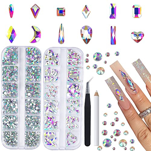 Canvalite 2398Pcs Rhinestones Nail Gems, 12 Styles 3D Glass Crystals Nail Rhinestones Shiny Multi Shape Flatback Face Gems，Tools for Clothes, Face, Craft