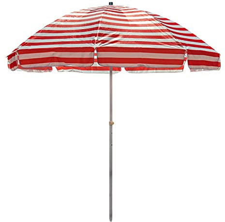 LBONG Sonnenschirm Strand, Gestreifter Strandschirm, Marktschirm knickbar Gartenschirm Rund Terrassenschirm tragbar für Balkon und Terrasse(250cm,Red and White Stripes)
