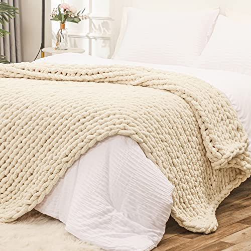 Bigacogo Chunky Knit Throw Blanket for Couch, 60x80 inches, Beige
