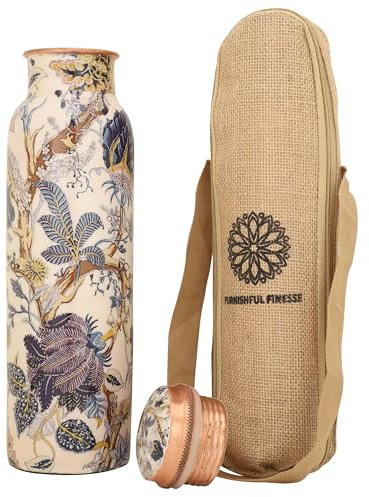 FURNISHFUL FINESSE Wasserflasche aus reinem Kupfer mit Tragetasche zum Trinken, auslaufsicherer Deckel, groß, handgefertigt, für Reisen, Fitnessstudio, Büro, Wandern, Outdoor, Yoga (1 Stück)