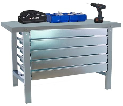 Simon Rack Banco da lavoro officina, capacità di carico 600 kg, 830x1200x730 mm, tavolo da lavoro, 5 cassetti, grigio - BT6