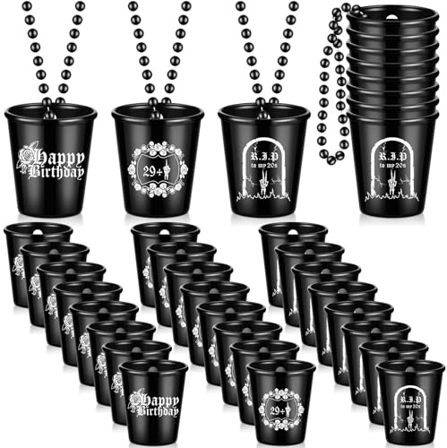 Sasylvia 24 Pcs Death to My 20s Decorations Shot Glass Necklace Rip to My 20s 30th Birthday Decorations for Him Dirty Black Small Plastic Cups Funny Birthday Party Favors Gag Gifts for Women Men Her